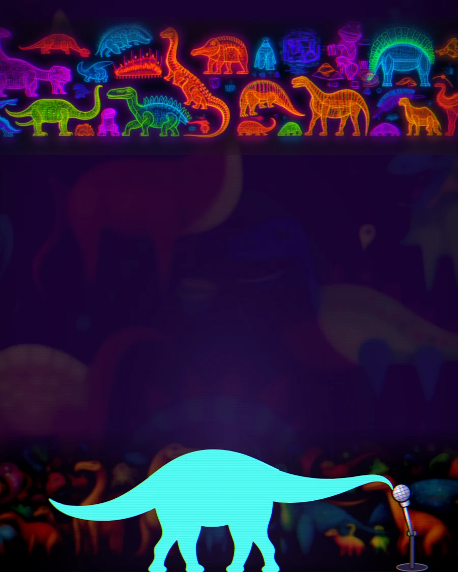 Dino, an aqua sauropod, at a microphone below a glowing frieze of neon dinosaurs.
